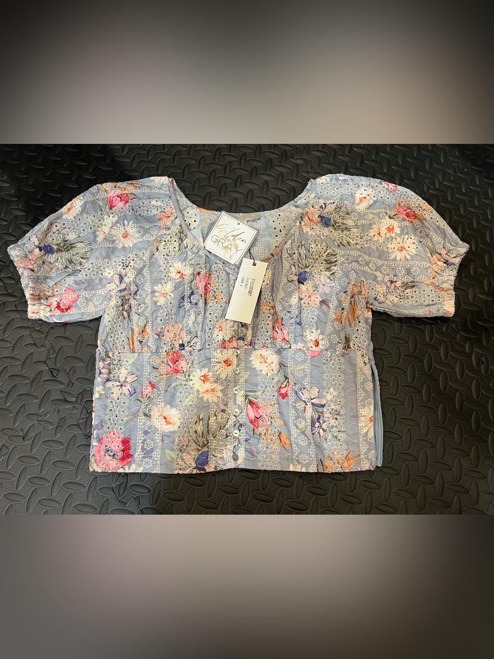 Dance & Marvel Lavender Floral Lace-Trim Button Front Top